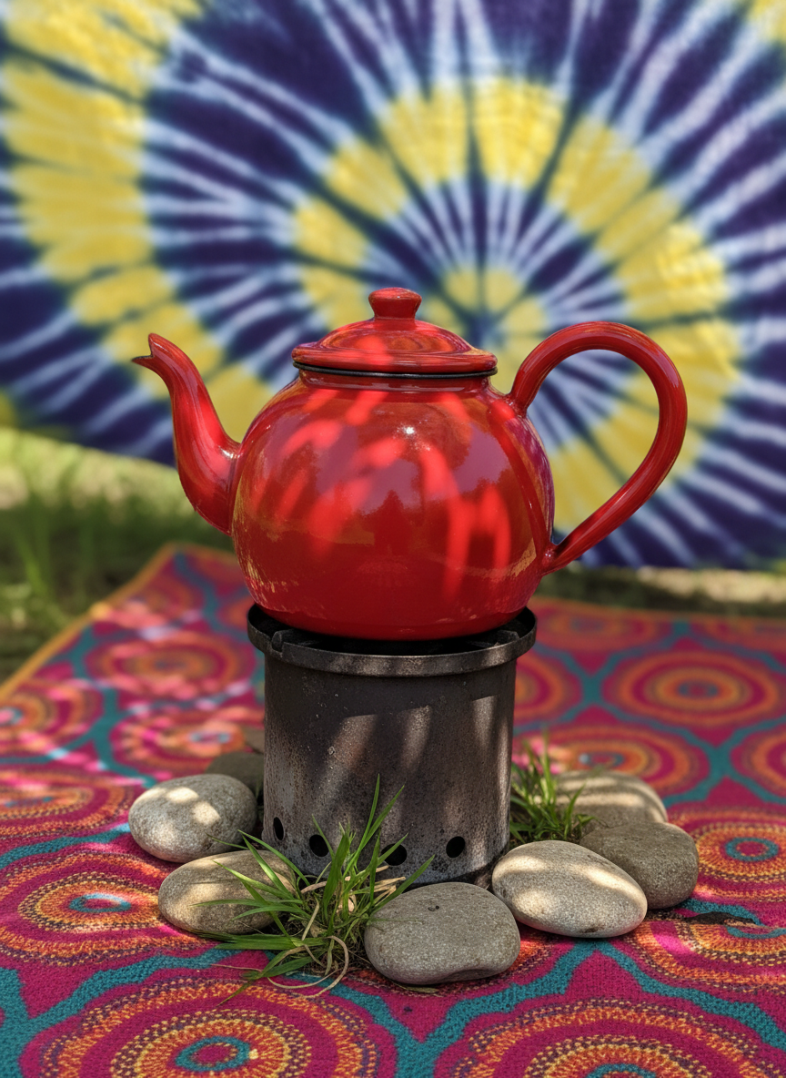 A glossy red enamel teapot with curved, exaggerated features sits atop a battered metal camp stove, its surface catching lively specks of reflected sunlight. Surrounding the stove are rounded, smooth river rocks and grassy tufts, set on a colorful woven picnic blanket. Warm afternoon sunlight filters through a makeshift canopy of tie-dyed fabric overhead, casting playful, swirling patterns onto the scene. Captured from a close, slightly elevated angle, the image radiates warmth and homey energy, blending photographic realism with a whimsical, energetic composition perfect for capturing the adventurous heart of the site.