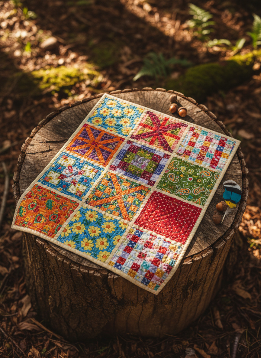 A classic, patchwork quilt spread over a rounded wooden stump, each fabric square bursting with different bright patterns—florals, geometric shapes, and swirling paisleys. The setting is a sun-dappled woodland clearing, shafts of sunlight drifting through leafy tree branches and casting irregular, playful shadows across the quilt’s surface. A few scattered acorns and a colorful feather rest on the trunk’s rim. The composition uses a centered, top-down perspective emphasizing the quilt’s texture and colors. The mood is nostalgic and cheerful, with a photographic style that enhances vivid hues and a sense of storytelling adventure.