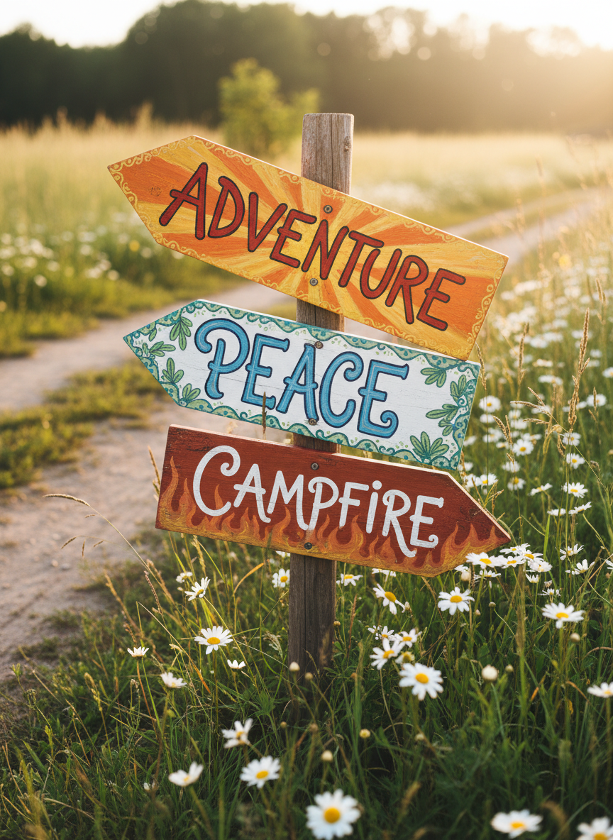 A collection of vividly painted wooden signs pointing in different whimsical directions—Peace, Adventure, Campfire—each sign weathered but cheerful, with swirling borders and stylized lettering. They’re planted at the edge of a winding dirt campground path lined with daisies and tall grass. Soft, radiant sunlight floods the scene from the side, creating dynamic highlights on the curves and vibrant paint. Shot at a shallow angle to exaggerate the signs’ playful tilt, bringing energy and curiosity to the photographic layout. The atmosphere is lighthearted and optimistic, helping to visually anchor the blog’s adventurous stories.